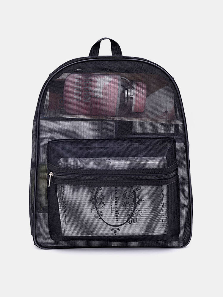 Men Black Transparent Mesh Multi-pocket Backpack Beach School Bag
