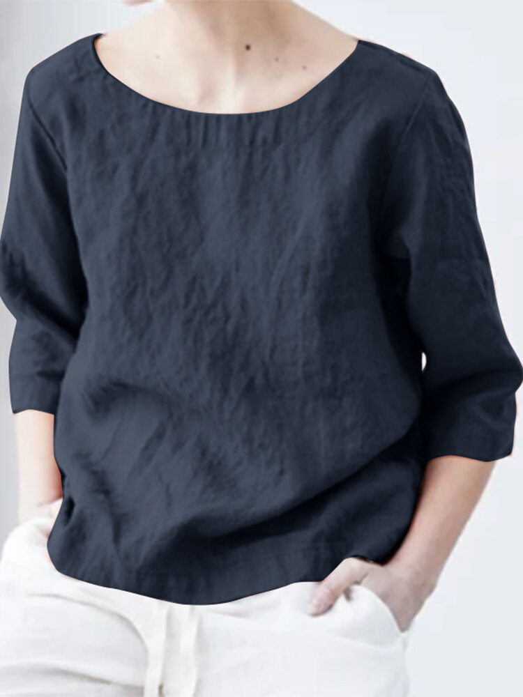 Women Solid Crew Neck 3/4 Sleeve Casual Blouse