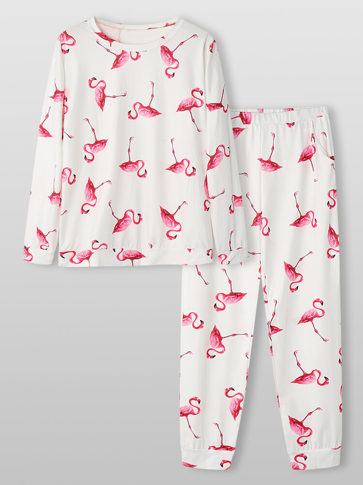 Women Flamingo Tropical Print Crew Neck Loungewear Cozy Pajamas Sets