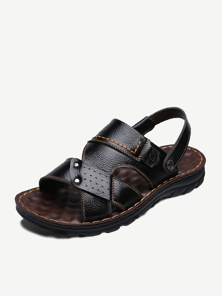 Men Pure Color Leather Non Slip Slippers Casual Beach Sandals 