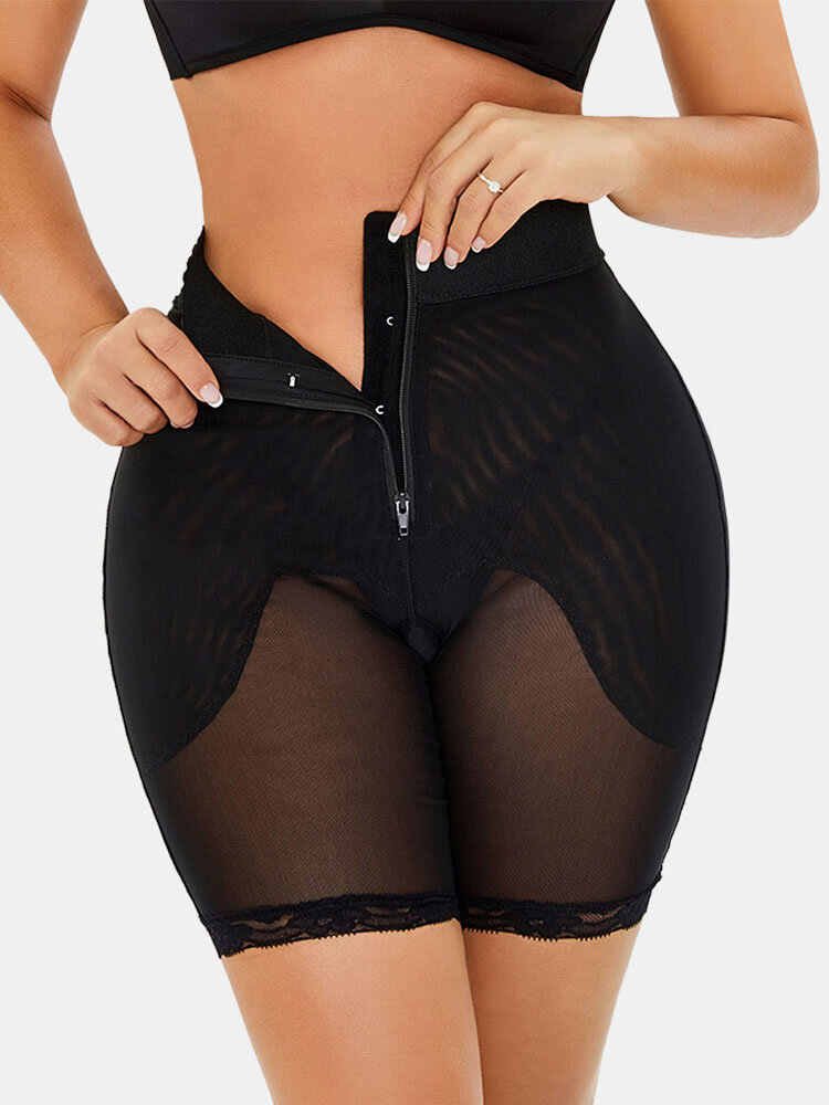 

Plus Size Women Zip Front Tummy Control Mesh Insert Butt Lifter High Waist Panty Shapewear, Black