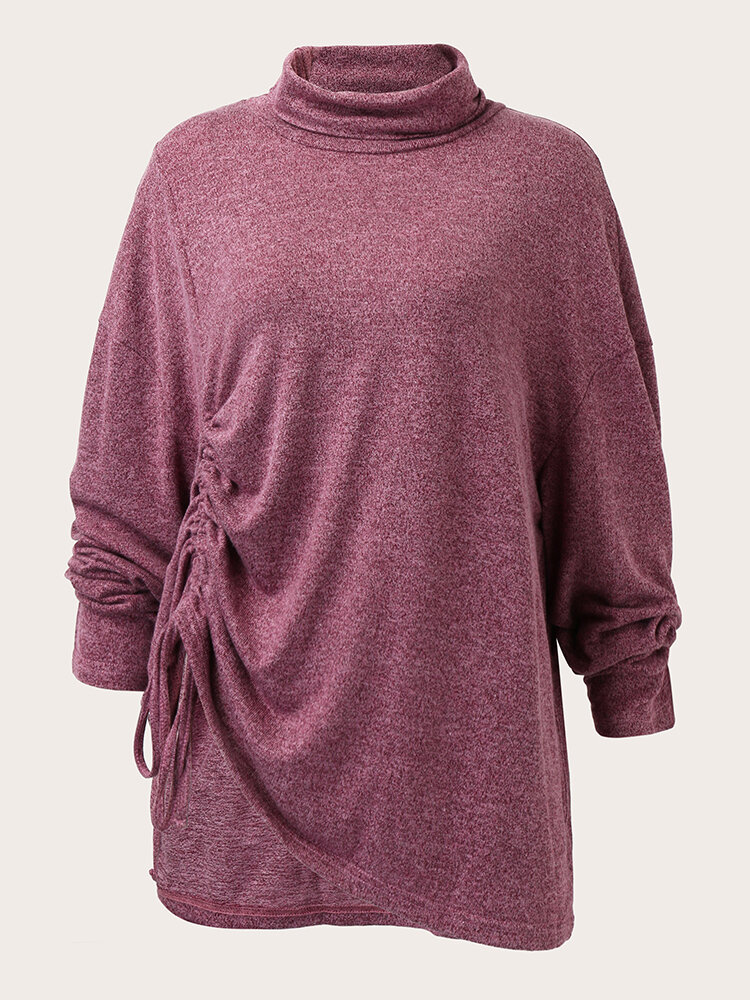 Plus Size Solid Color Drawstring High Neck Long Sleeve T-shirt