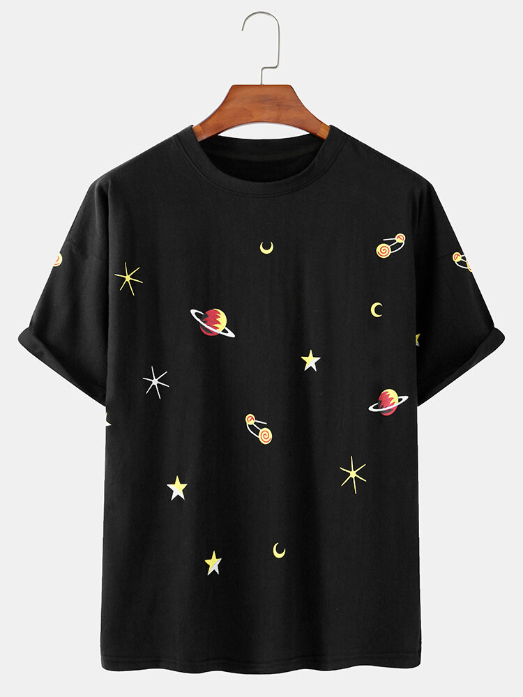 Mens Starry Sky Printed Cotton Round Neck Casual Short Sleeve T-shirts
