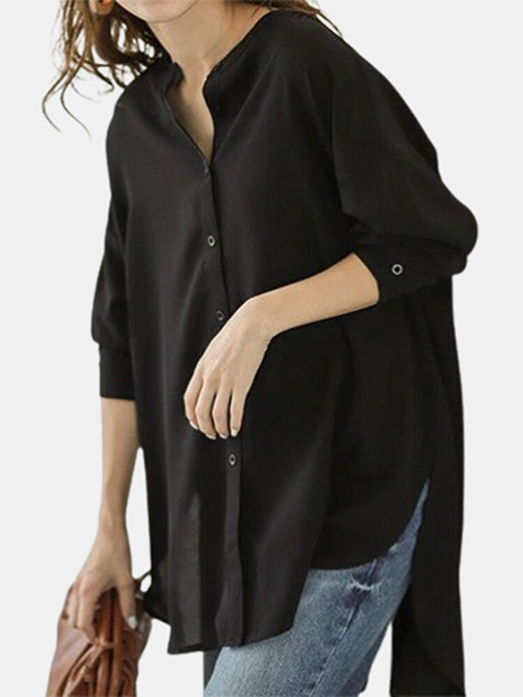 Solid Tie Back High-low Long Sleeve Loose Button Blouse