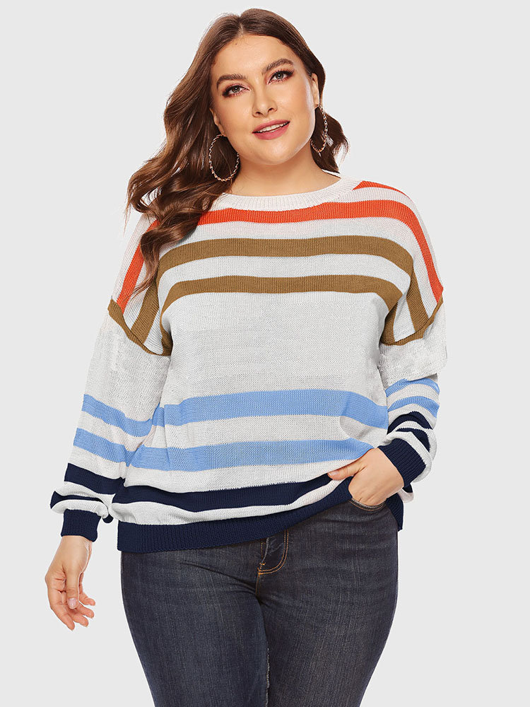 Striped Knit Crewneck Plus Size Sweater