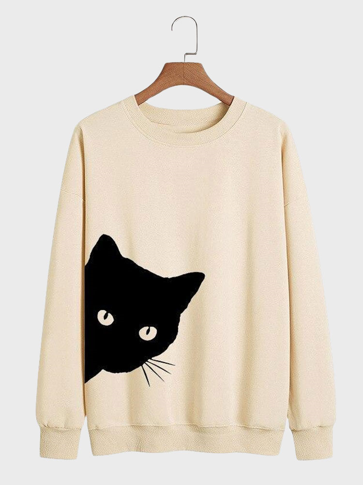 Mens Cartoon Cat Side Print Crew Neck Pullover Sweatshirts