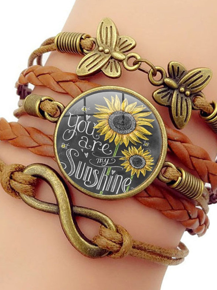 Retro Butterfly Symbol Braided Bracelet Sunflower Printed Time Gemstone Multi-layer Bracelet