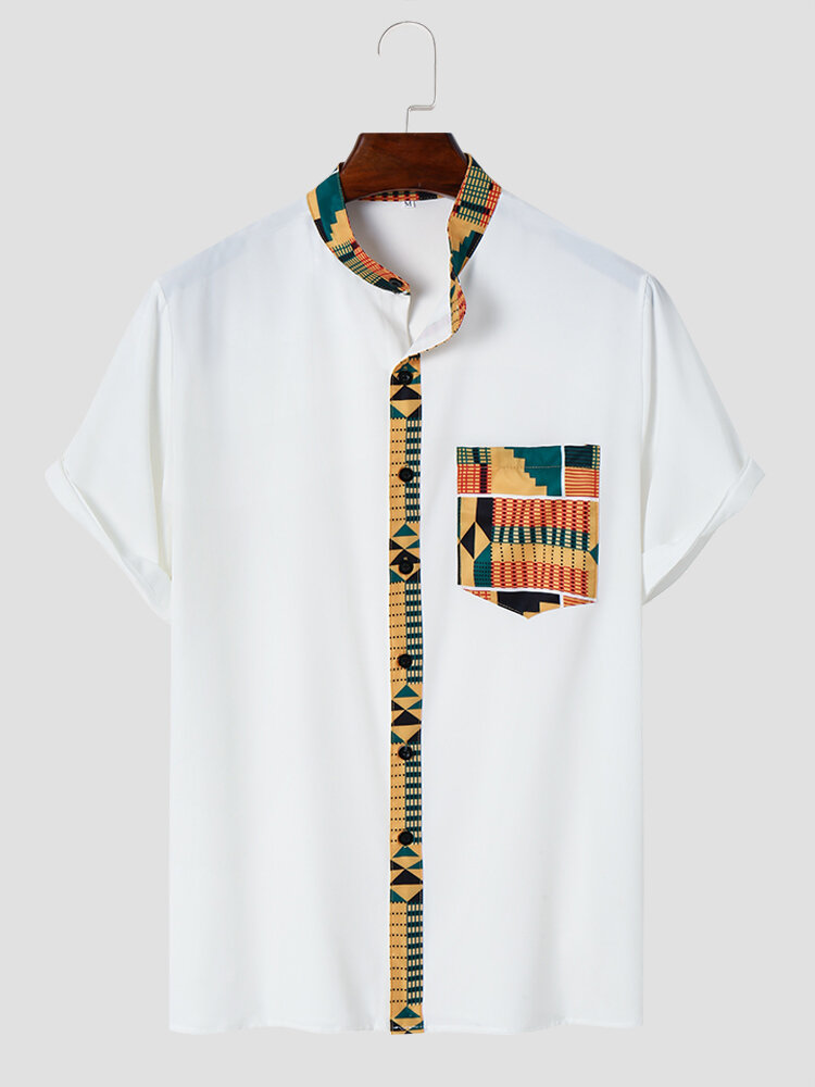 Mens Geometric Border Print Stand Collar Ethnic Short Sleeve Shirts
