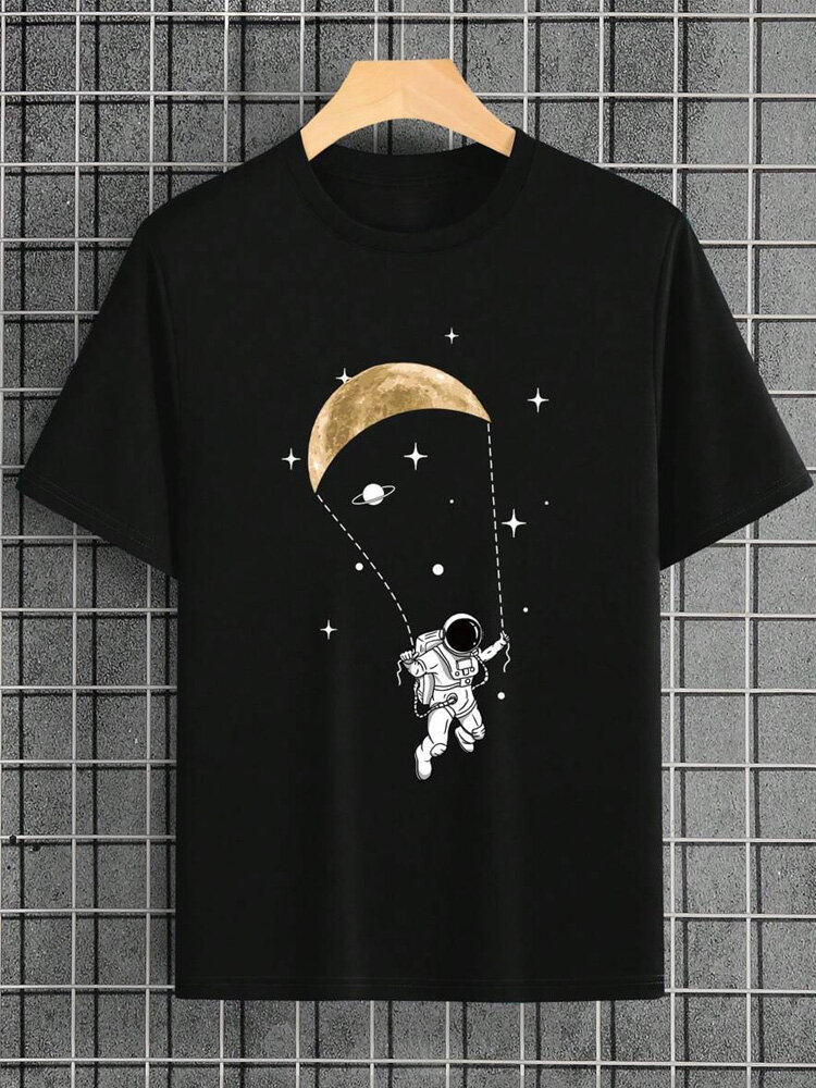 Camisetas masculinas Astronaut Galaxy Print com gola redonda e manga curta