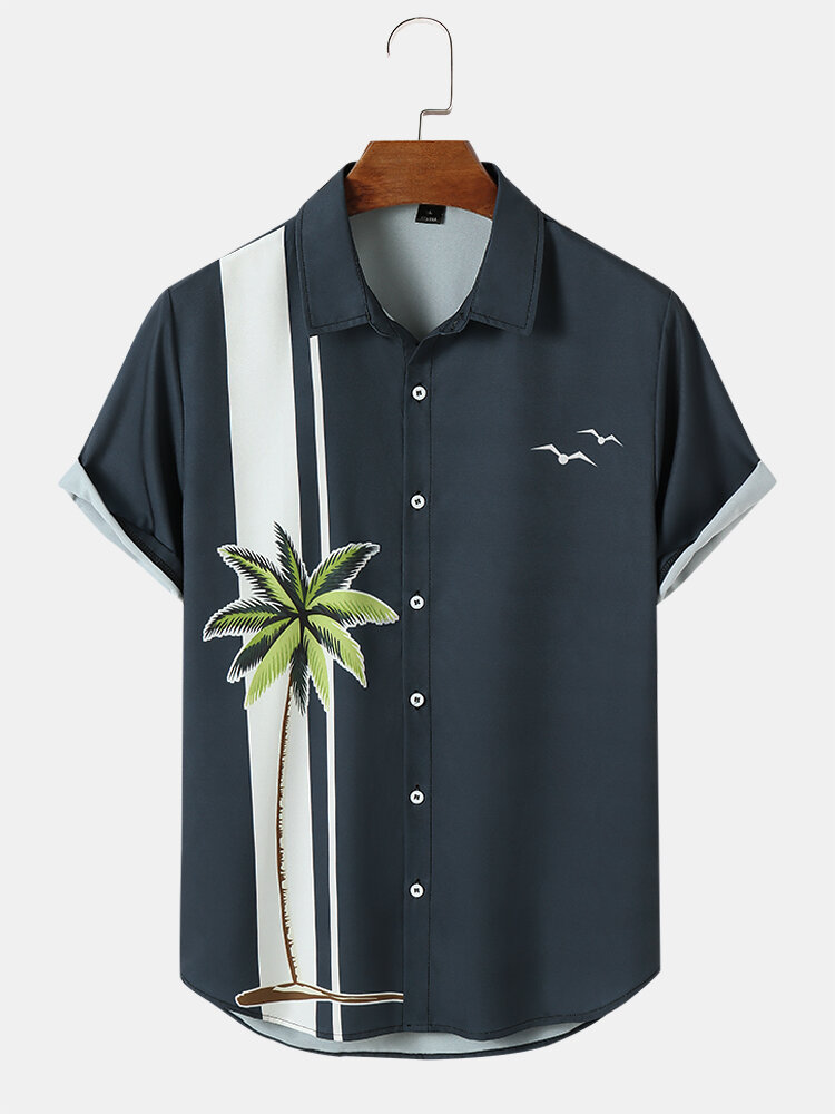 Mens Coconut Tree Striped Print Button Up Short Sleeve Shirts