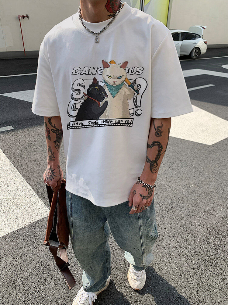 Camisetas de manga corta con estampado de letras y dibujos animados para hombre Gato Cuello