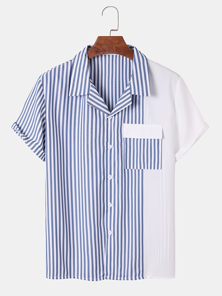 Mens Contrast Pinstripe Revere Collar Flap Pocket Short Sleeve Shirts