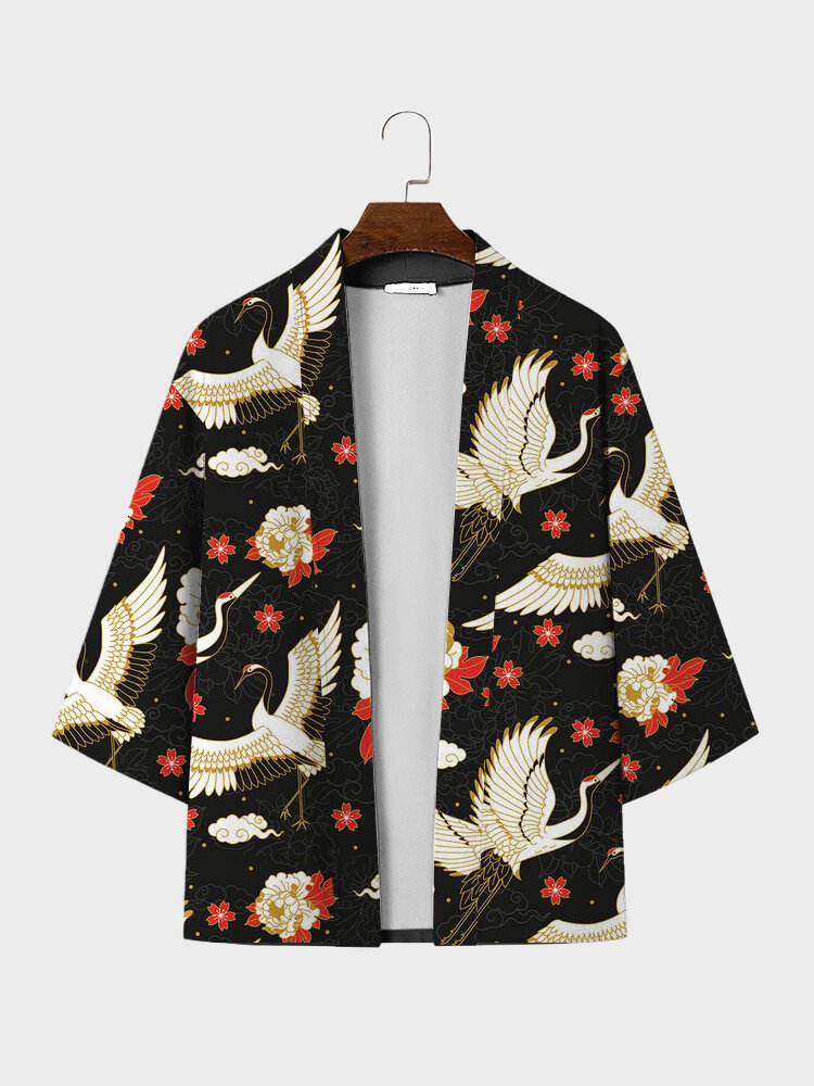 

Mens Japanese Floral Crane Print Open Front Loose 3/4 Sleeve Kimono, Black