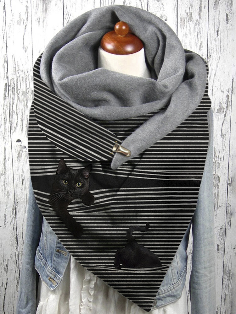 Women Stripe Cute Cat Pattern Soft Adjustable Neck Protection Keep Warm Scarf
