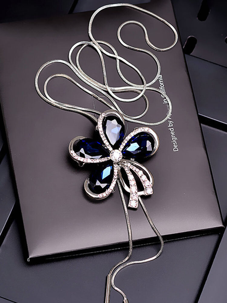 Fashion Blue Crystal Rhinestones Flower Necklace Sweater Chain Statement Necklaces for Women