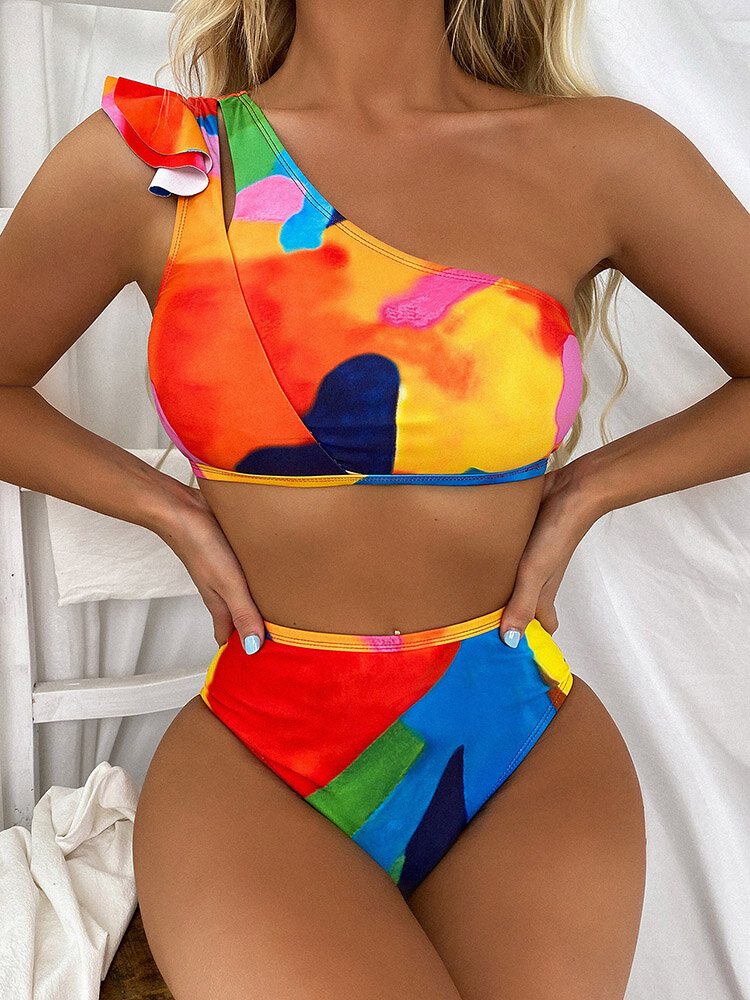 Women Color Block Print One Shoulder Cut Out Sexy Bikinis Swimwear