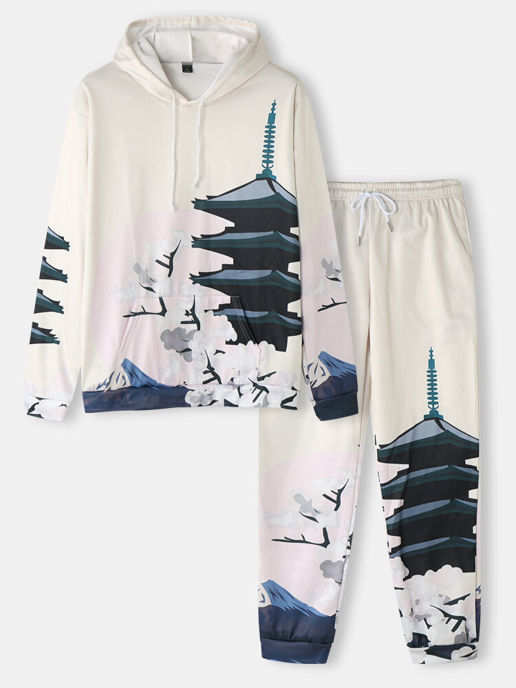 Mens Floral Landscape Print Drawstring Hoodies Chinese Style Two Pieces Outfits