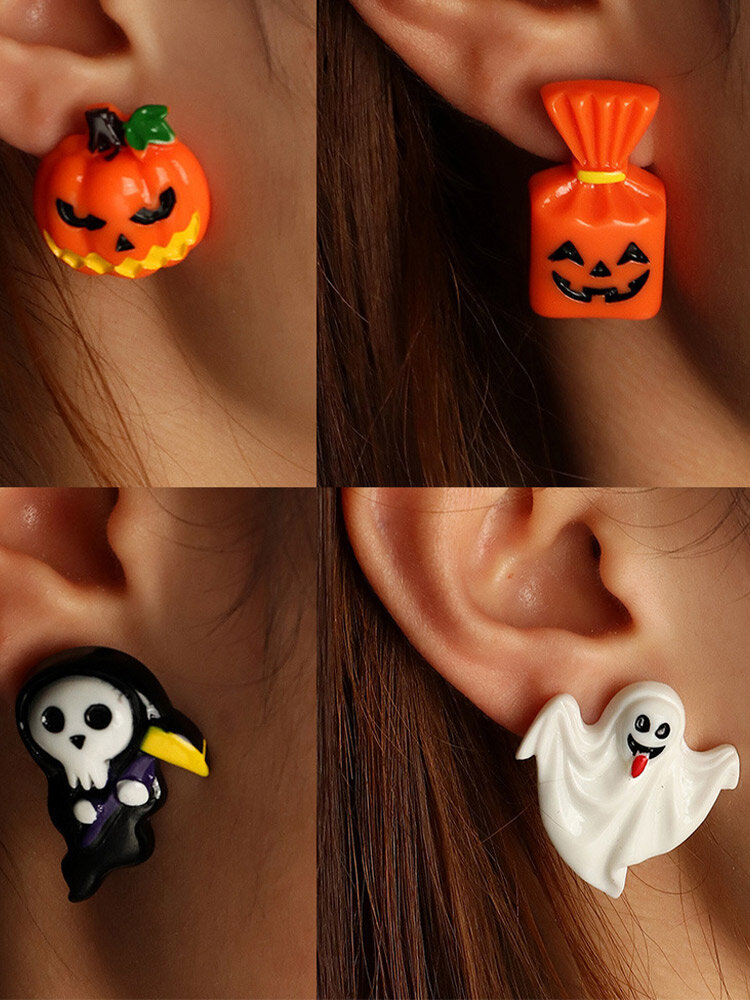 

Halloween Pumpkin Candy Grim Reaper Ghost Bat Shape Plastic Resin Earrings