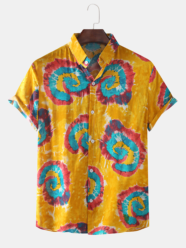 Men Mixed Color Eddy Tie-dye Print Short Sleeve Casual Shirt