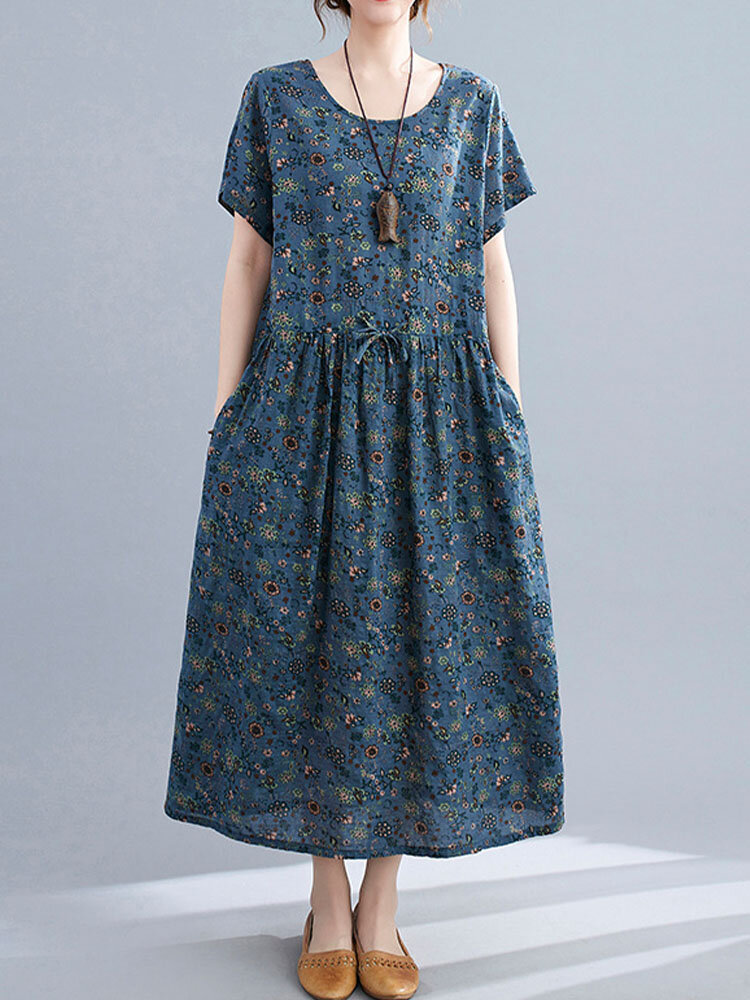 Floral Allover Print Tie Waist Plus Size O-neck Pocket Dress