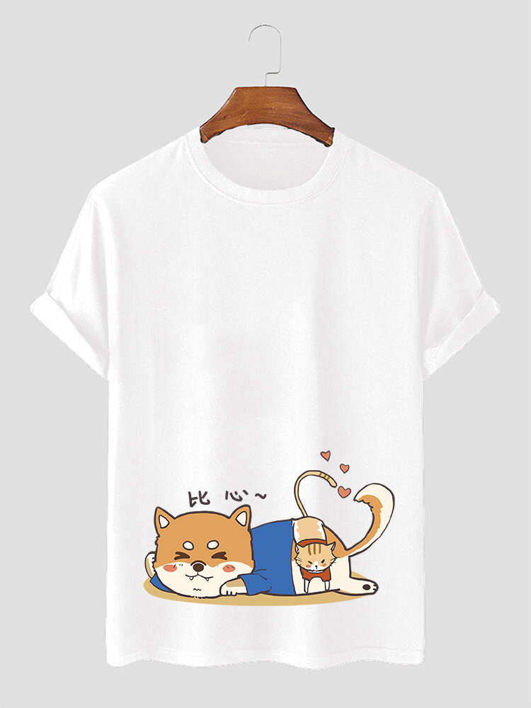 Mens Cartoon Heart Cat Print Crew Neck Short Sleeve T-Shirts