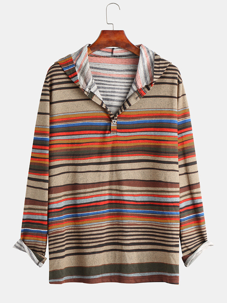 Mens Autumn Casual National Style Colorblock Stripe Long Sleeve Hoodie