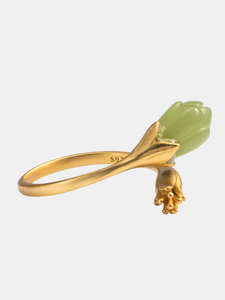 Vintage S925 Silver Hetian Jade Ring Metal Orchid Apertura Anillo de dedo ajustable