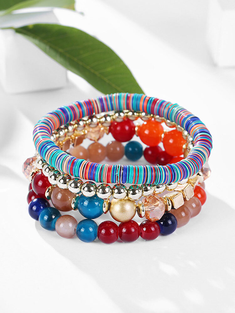 4 Pcs/Set Vintage Ethnic Colorful Geometric-shaped Beads Beaded Multi-layer Bracelets