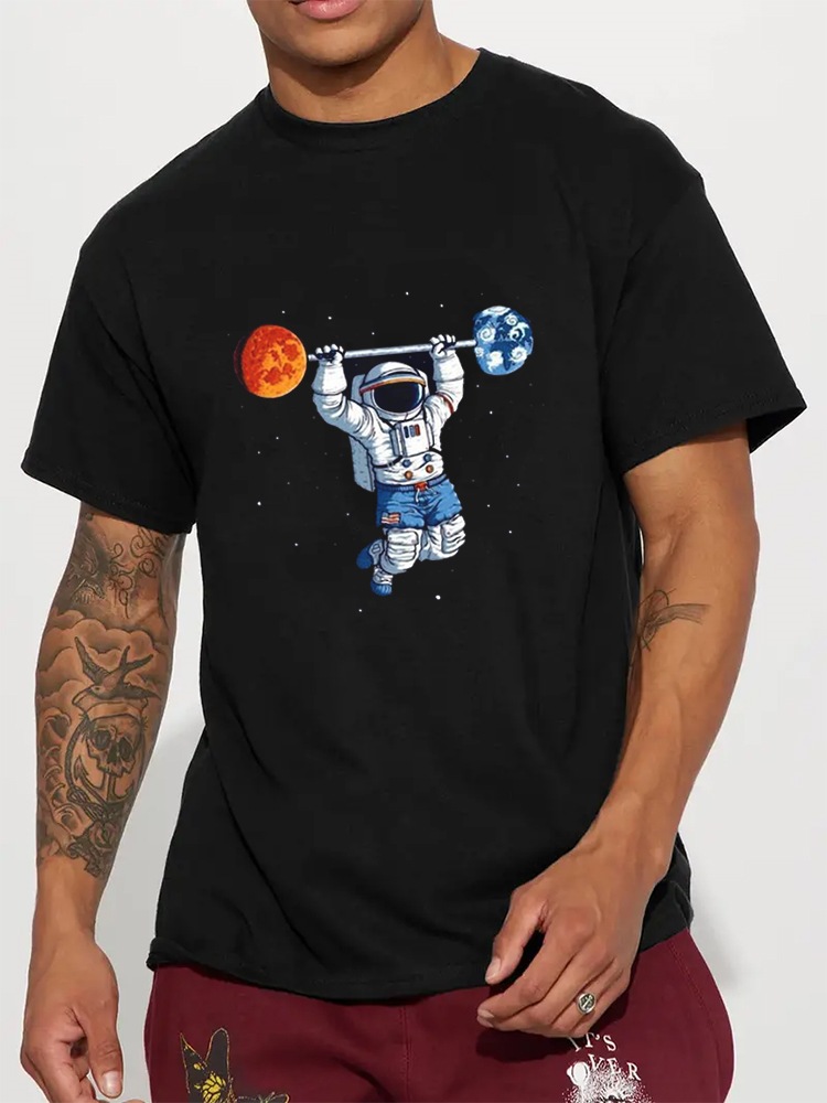 Mens Cartoon Astronaut Graphic Crew Neck Casual Short Sleeve T-Shirts Winter