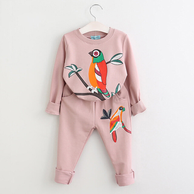 

2pcs Bird Printed Girls Clothing Sets T-shirt + Pants Kids Tracksuit For 2Y-9Y, Pink