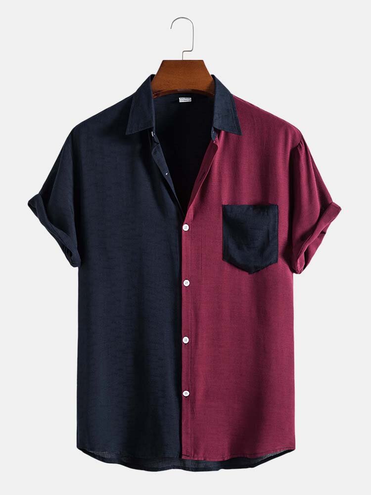 Mens Two Tone Patchwork Preppy Short Sleeve Cotton Linen Shirts