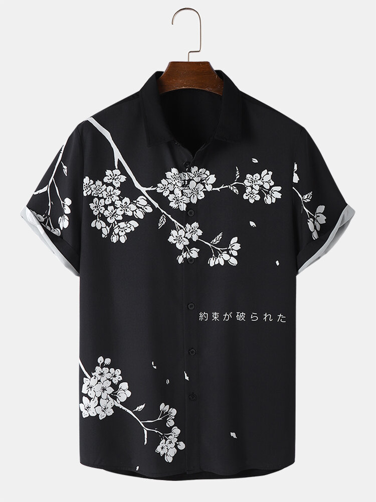 Mens Monochrome Japanese Cherry Blossoms Print Lapel Short Sleeve Shirts