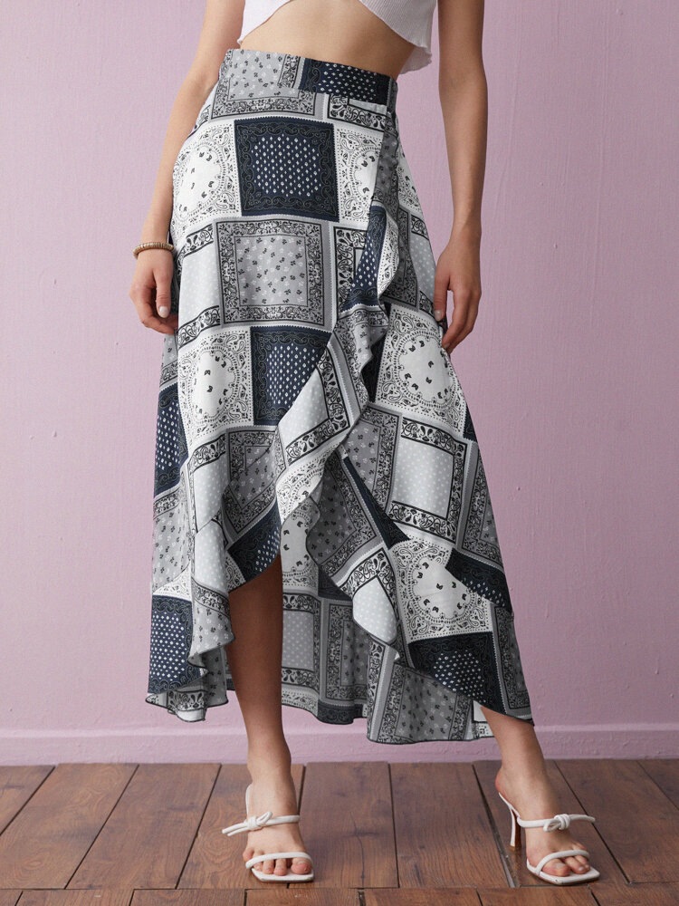 Retro Ethnic Pattern Ruffle Elastic Waist Skirt For Women