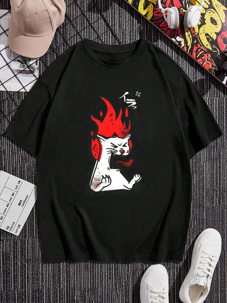 Mens Cat Flame Print Crew Neck Casual Short Sleeve T-Shirts Winter