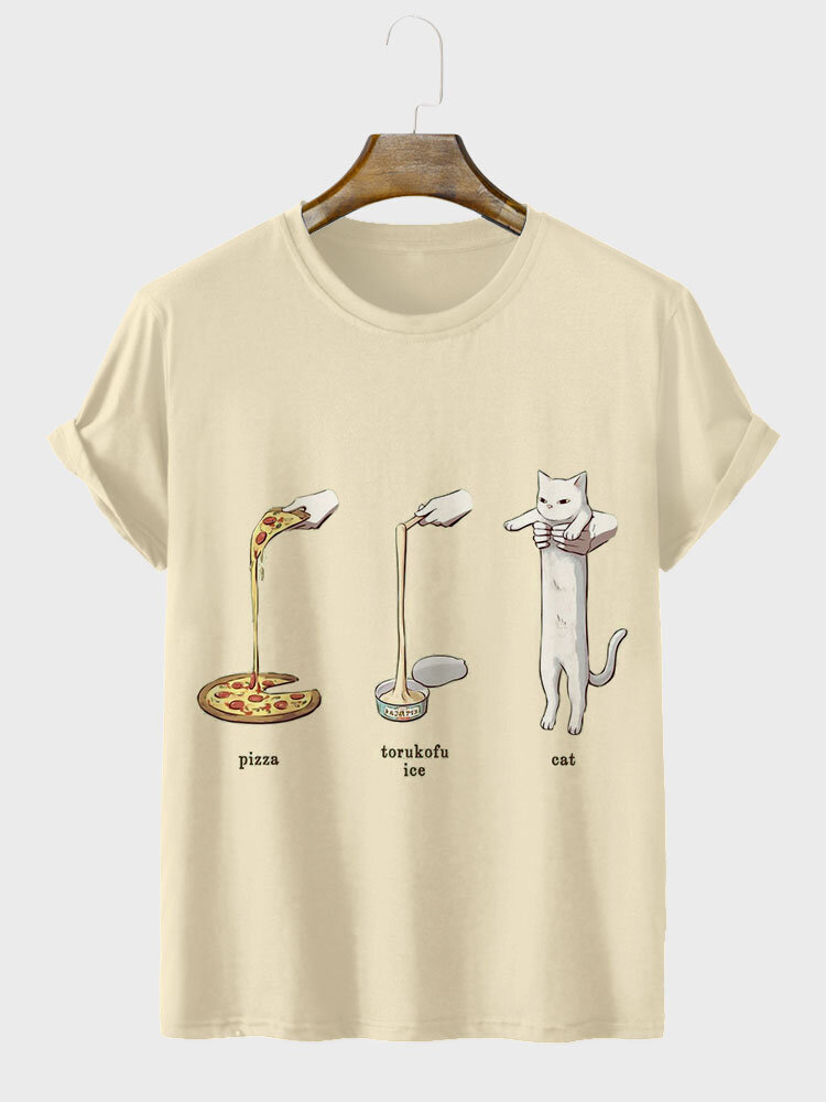 

Mens Cartoon Cat Pattern Crew Neck Short Sleeve T-Shirts, Apricot