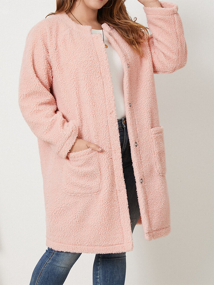 

Plus Size Solid Color Pocket Comfy Fluffy Teddy Coat, Pink