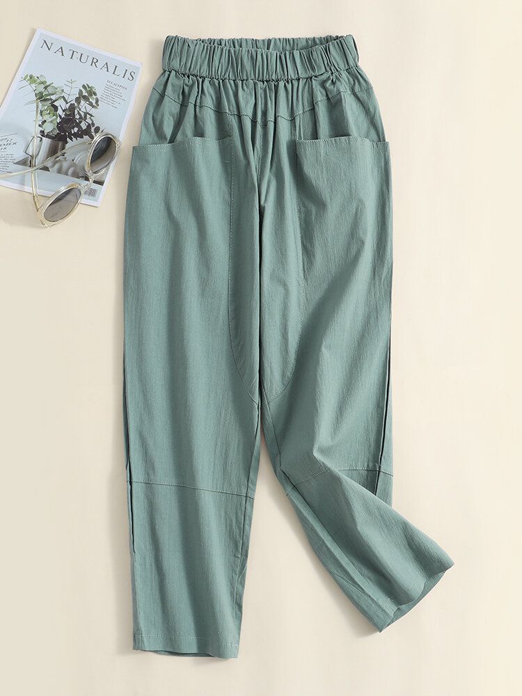 Solid Color Pocket Elastic Waist Cotton Cropped Casual Pants
