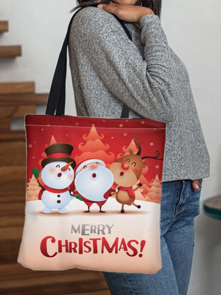 Women Canvas Christmas Print Tote Handbag