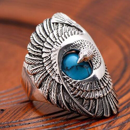 

Vintage Metal Turquoise Finger Ring Geometric Carved Eagle Wings Titanium Steel Rings, Silver