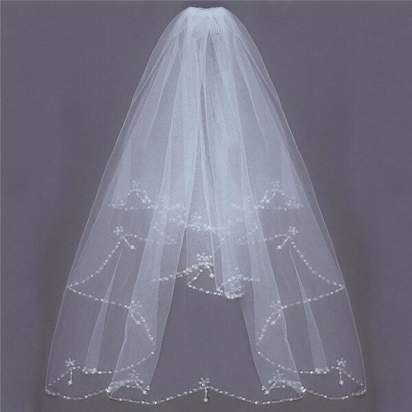 

2 Layers Bride Beaded Edge Pearl White Ivory Bridal Wedding Veil With Comb, Beige
