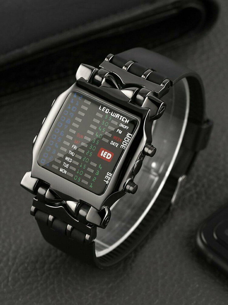 Binary Men Watch Square LED Time Date Week Display Colorful Light Digital Watch