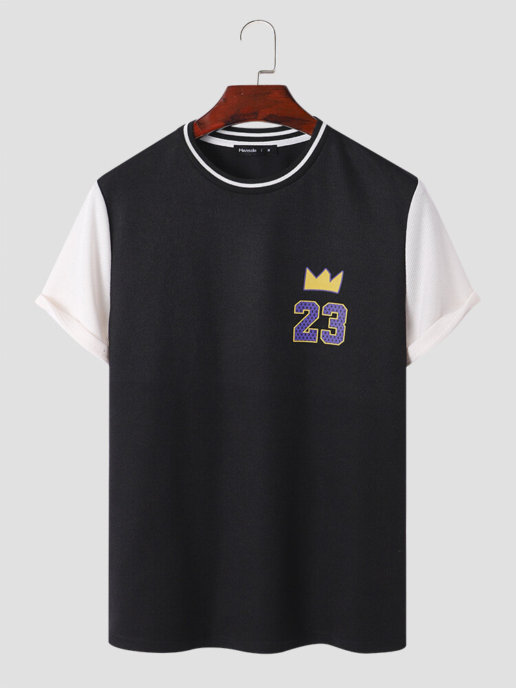 Mens Crown 23 Number Print Patchwork Knit Short Sleeve T-Shirts