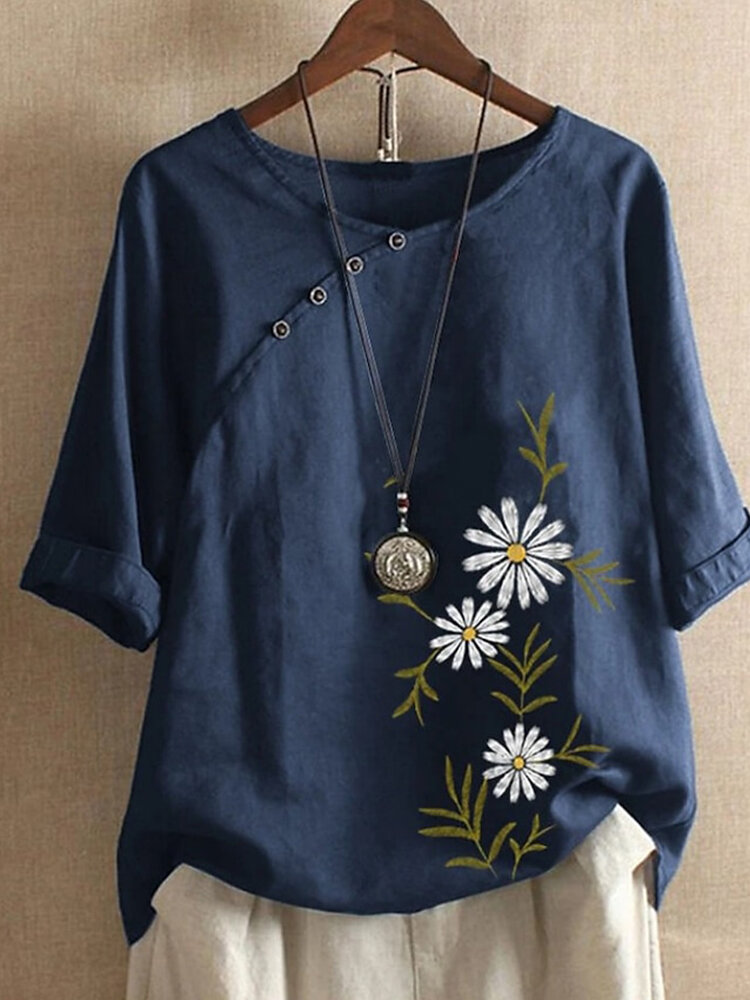 

Women Daisy Floral Print Oblique Button Cotton Half Sleeve Blouse, Dark blue