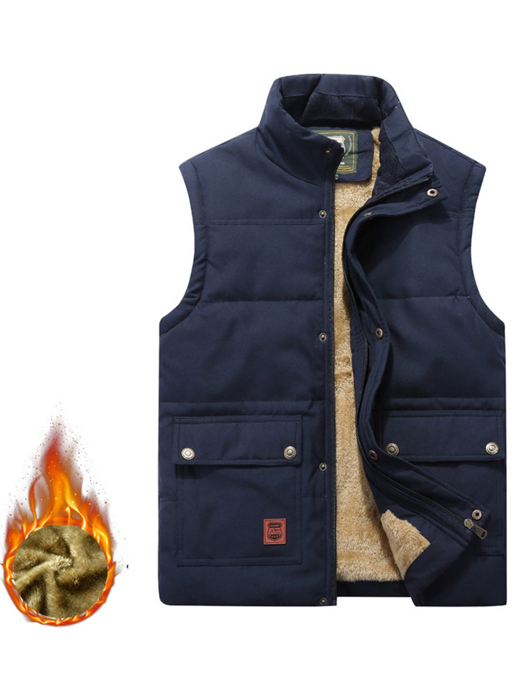 Casual Comfy Outdoor Waterproof Thicken Fleece Multi Function Pockets Solid Color Vest