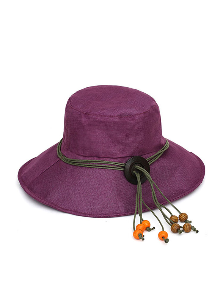 Women Linen Bucket Hat Visor Sunscreen Round Sun Hat Flat Cap