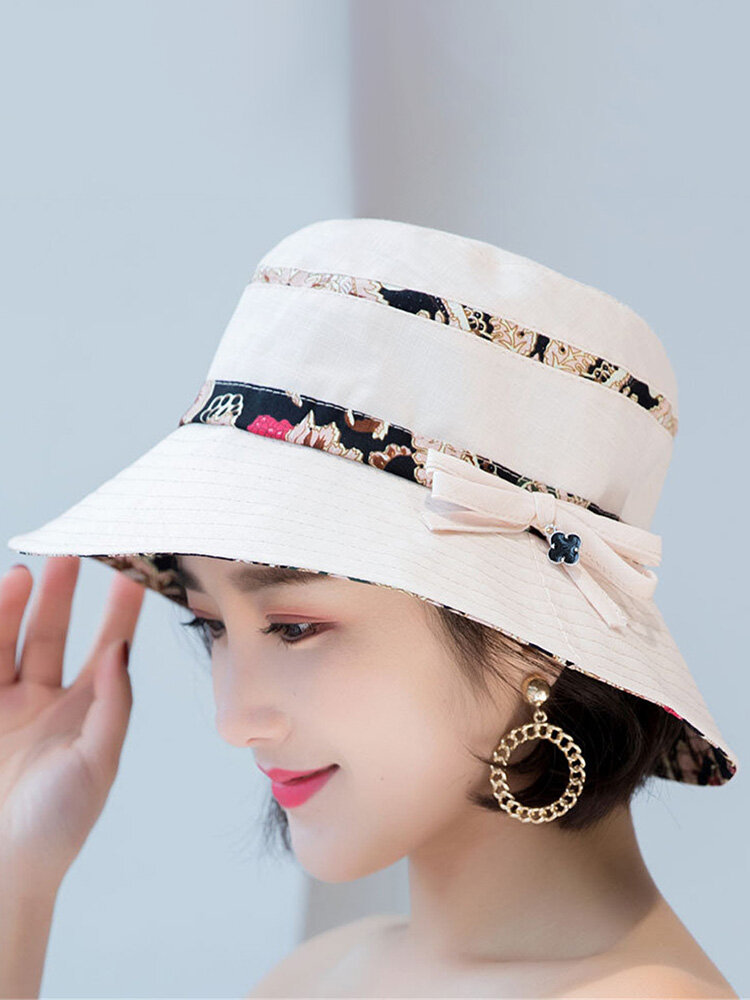 Women Summer Cotton Bucket Hat With Flower Pattern Casual Sunshade Breathable Beach Hat