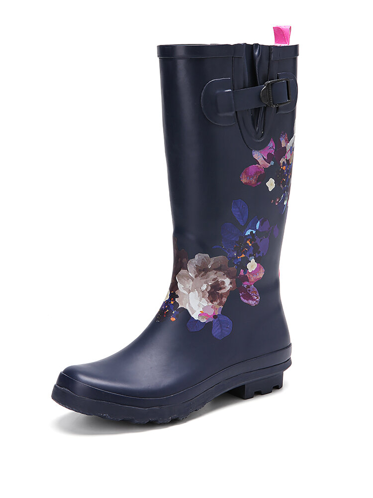 SOCOFY Soft Natural Rubber Floral Anti-slip Waterproof Low Heel Knee-high Rain Boots