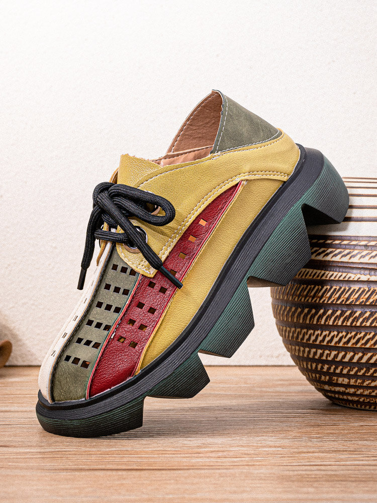 Women Retro Ethnic Rainbow Color Platform Shoes Hollow-out Soft Comfy Flats