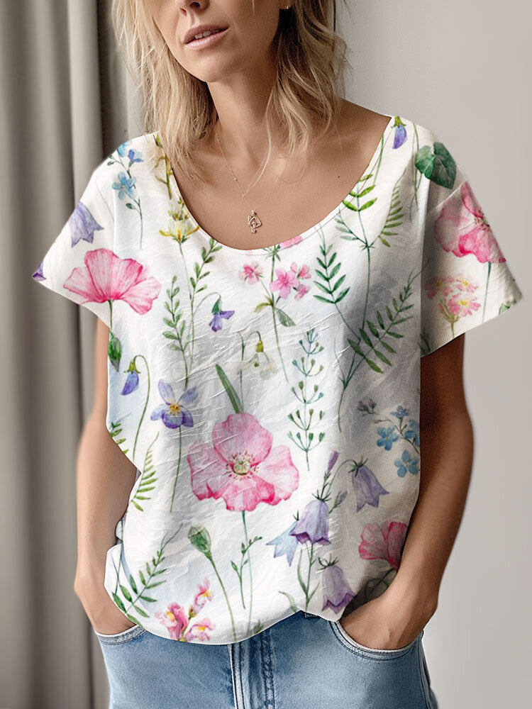 Allover Floral Plants Print Short Sleeve Crease T-Shirt