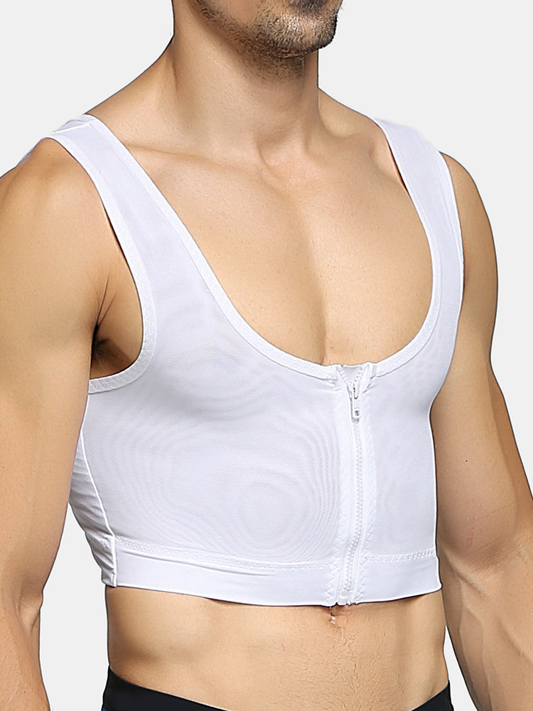 Men Zip Down Shapewear Underwear Chest Control Nylon Net Breathable Sleeveless Undershirts